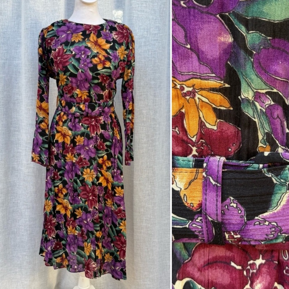 1990 Ansley Petites long sleeve floral midi dress fabric wrapped belt